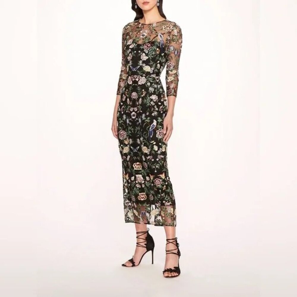 NWT Marchesa Notte Floral Embroidered On Tulle Midi Dress Size 10